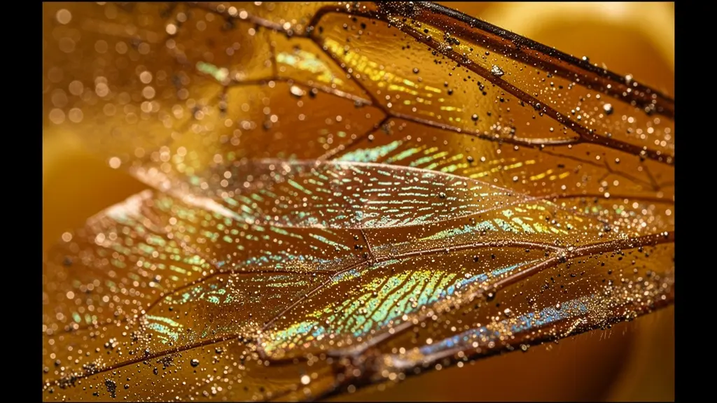 Gros plan macro d'une abeille avec des particules brillantes sur ses ailes