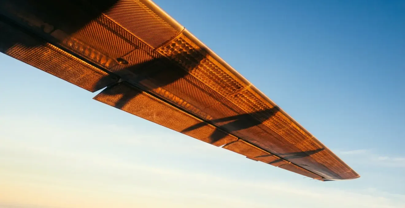 Vue panoramique d'une aile d'avion moderne en composite révélant sa structure interne avec effets de transparence montrant les fibres de carbone et nanoparticules