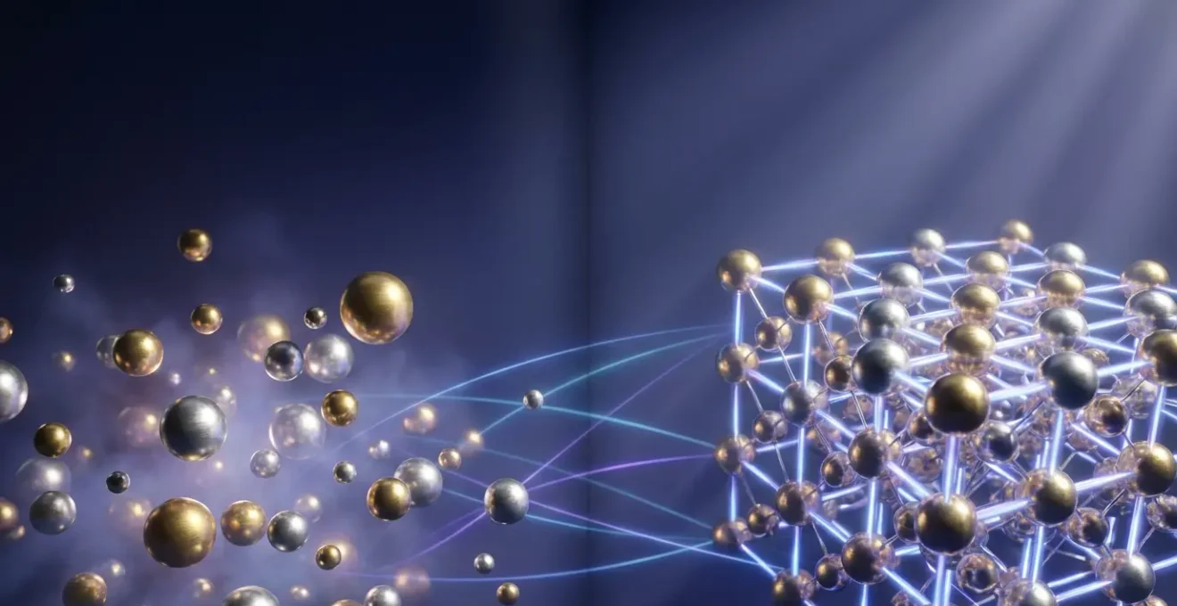 Vue microscopique d'un processus d'auto-assemblage moléculaire montrant des nanoparticules s'organisant spontanément en structures ordonnées