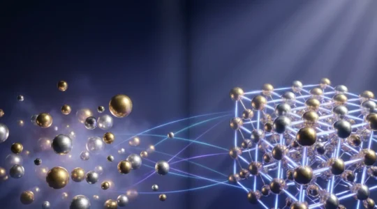 Vue microscopique d'un processus d'auto-assemblage moléculaire montrant des nanoparticules s'organisant spontanément en structures ordonnées