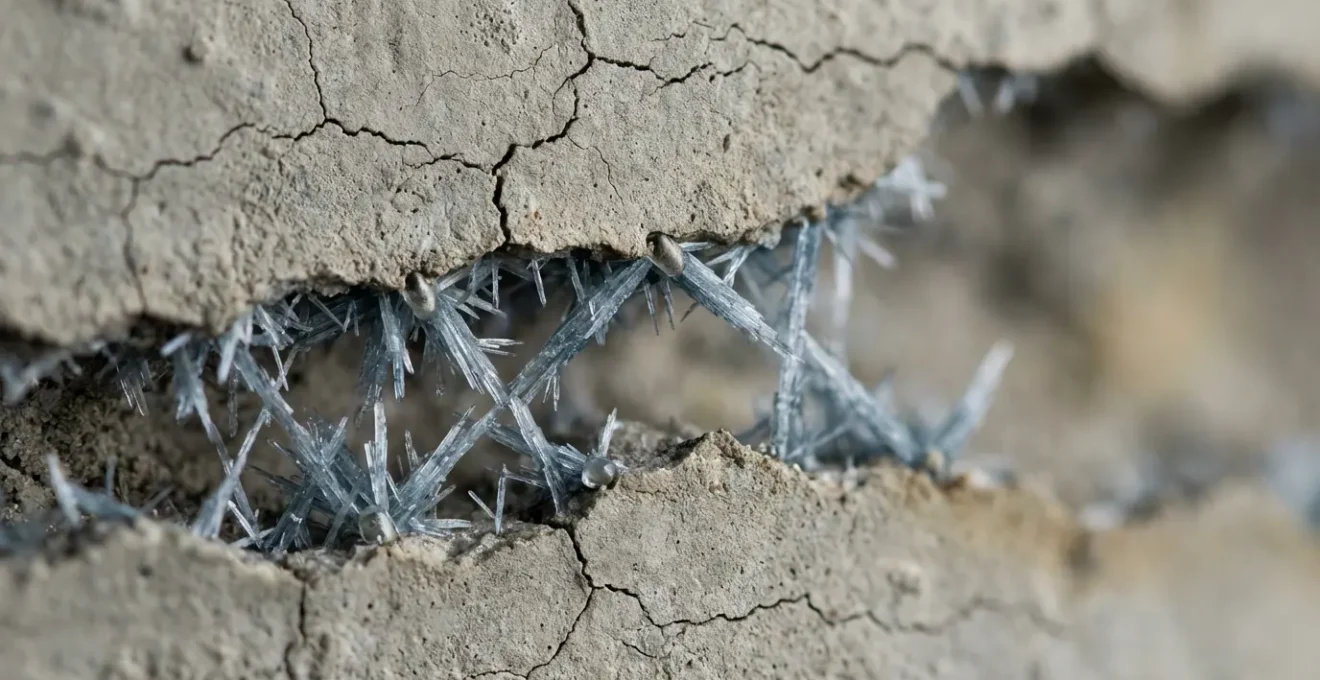 Vue microscopique de fissures en béton se refermant grâce aux nanocapsules
