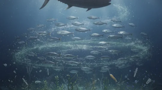 Chaîne alimentaire marine montrant le transfert des nanoparticules des algues microscopiques aux grands prédateurs marins