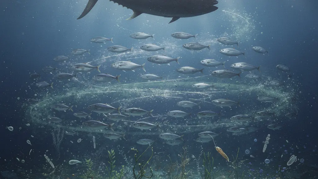 Chaîne alimentaire marine montrant le transfert des nanoparticules des algues microscopiques aux grands prédateurs marins