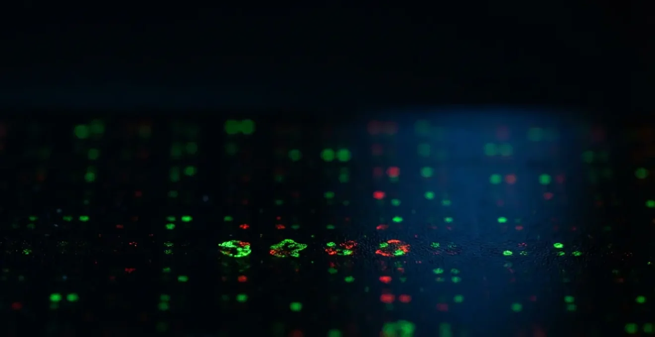 Vue macro d'une biopuce illuminée montrant un réseau de spots fluorescents sur une surface de verre
