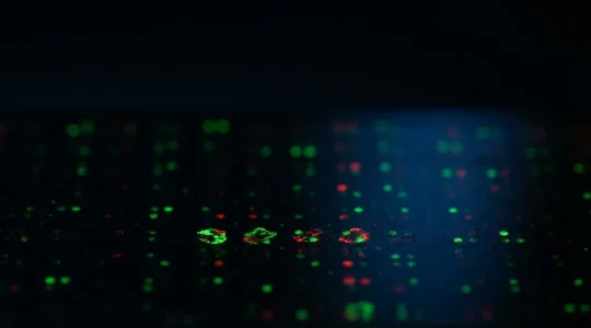 Vue macro d'une biopuce illuminée montrant un réseau de spots fluorescents sur une surface de verre