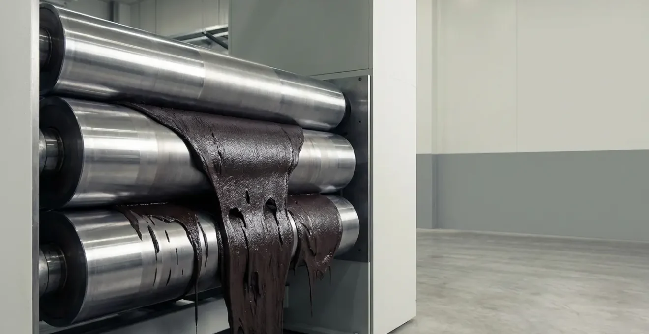 Système de calendrage à trois cylindres en action pour disperser les nanoparticules dans la résine