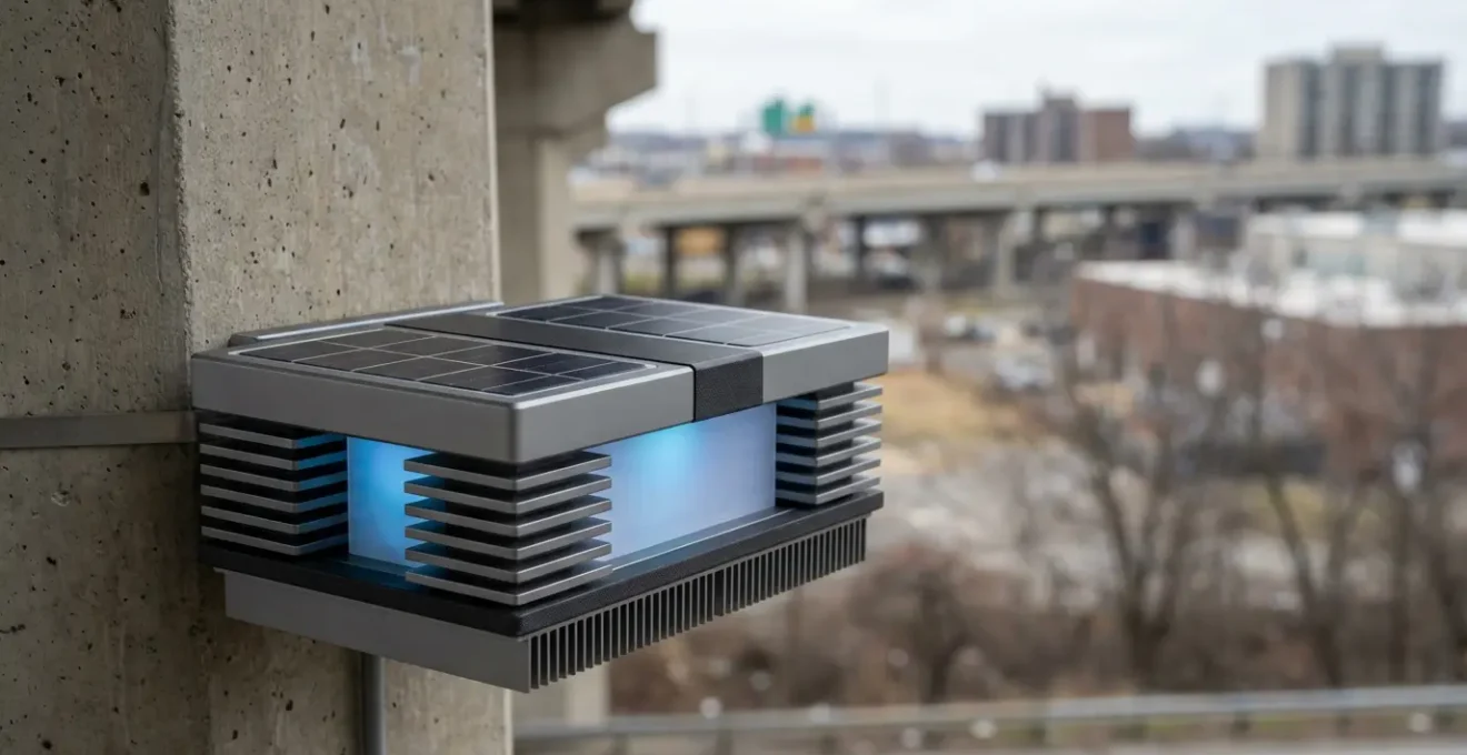 Capteur urbain installé sur infrastructure avec panneaux solaires miniatures et système de récupération d'énergie vibratoire