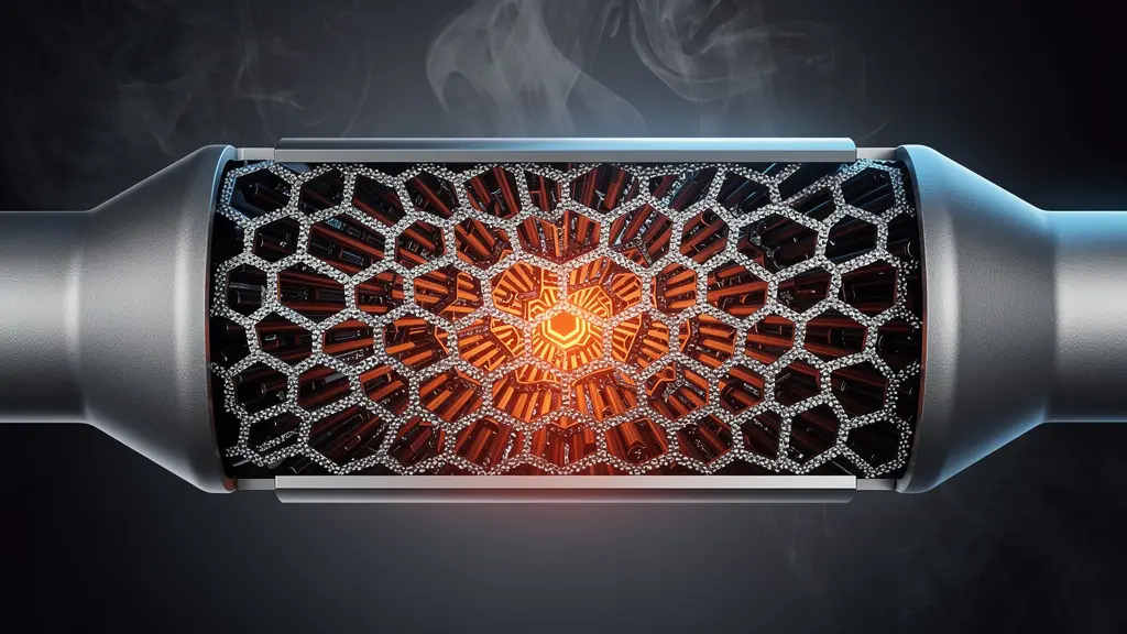 Coupe transversale d'un catalyseur automobile montrant la structure alvéolaire interne avec métaux précieux