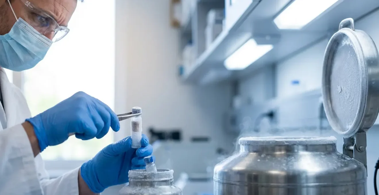 Vue large d'un laboratoire moderne avec systèmes de conservation cryogénique