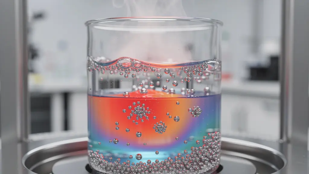 Réacteur de synthèse par micro-ondes montrant des particules en formation avec gradient thermique coloré