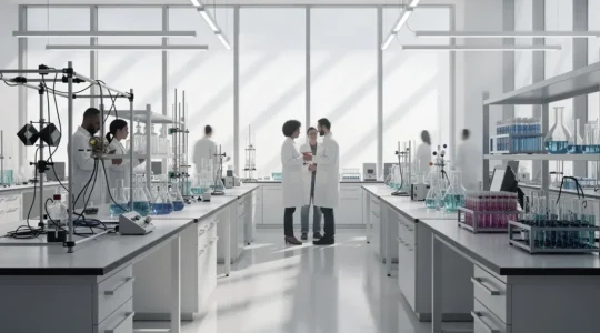 Chercheur observant des échantillons dans un laboratoire de nanosciences avec équipement de pointe