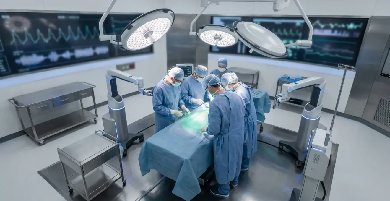 Salle d'opération moderne avec système de guidage par fluorescence montrant des tissus tumoraux illuminés