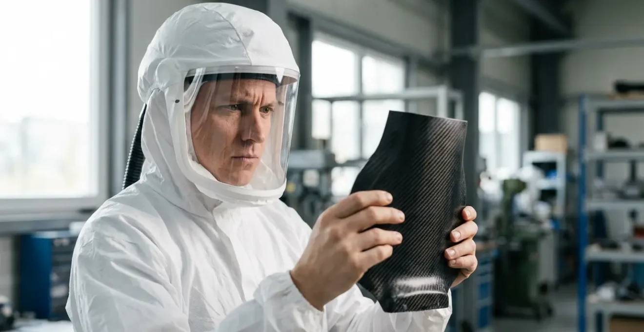 Personne en combinaison d'ingénieur examinant un composant moteur d'avion avec concentration