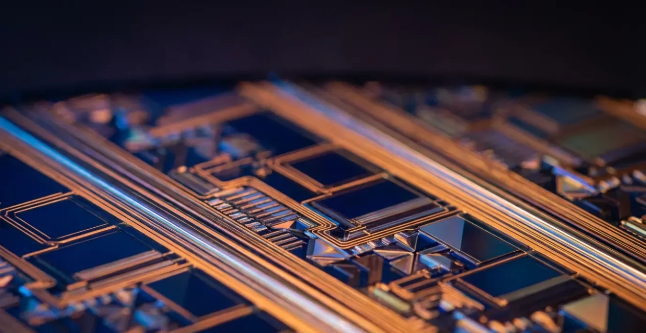 Vue microscopique d'un processeur moderne avec architecture nanométrique illuminée en bleu et orange