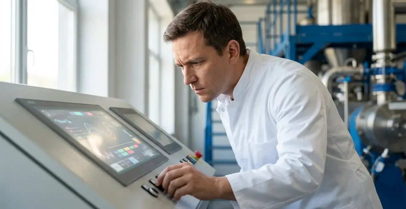 Personne en blouse blanche surveillant un panneau de contrôle industriel avec écrans montrant des courbes de température