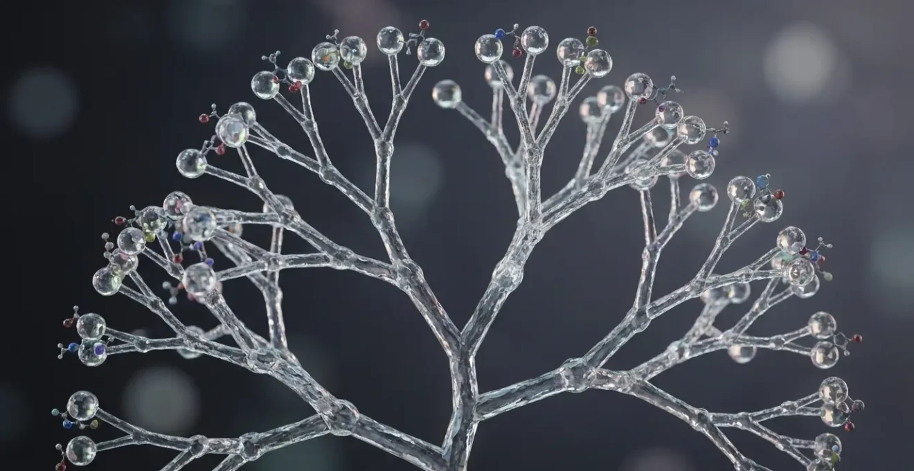 Structure tridimensionnelle d'un dendrimère montrant son architecture en forme d'arbre avec multiple points d'ancrage pour médicaments