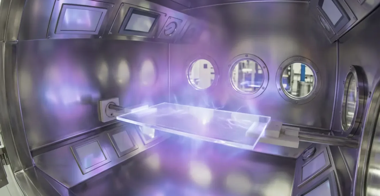 Chambre de dépôt plasma PECVD montrant la formation d'une couche nanométrique sur un film plastique