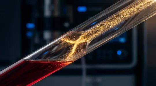 Vue macroscopique de nanoparticules dorées en suspension interagissant avec des molécules biologiques dans une analyse sanguine