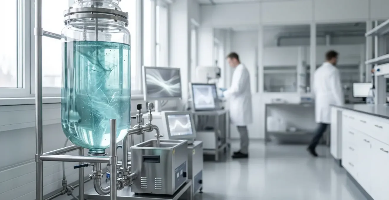 Laboratoire moderne montrant la dispersion de nanoparticules dans une solution avec effets lumineux et équipements sophistiqués