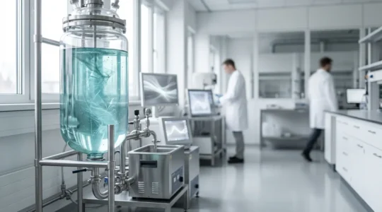 Laboratoire moderne montrant la dispersion de nanoparticules dans une solution avec effets lumineux et équipements sophistiqués