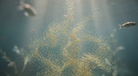 Vue macroscopique de nanomatériaux dorés dispersés dans l'eau avec des particules brillantes visibles