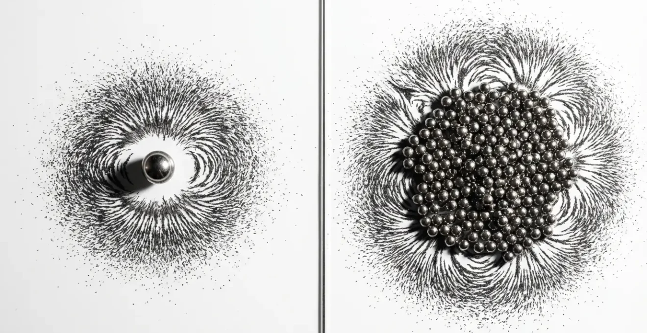 Comparaison visuelle entre molécule unique et assemblage nanoparticulaire avec champ magnétique