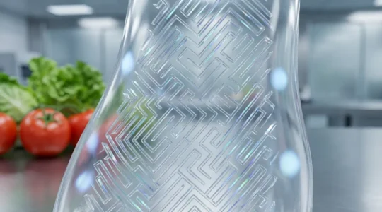 Vue microscopique de nanoparticules d'argile intégrées dans une matrice de plastique transparent avec des molécules et structures alimentaires en arrière-plan