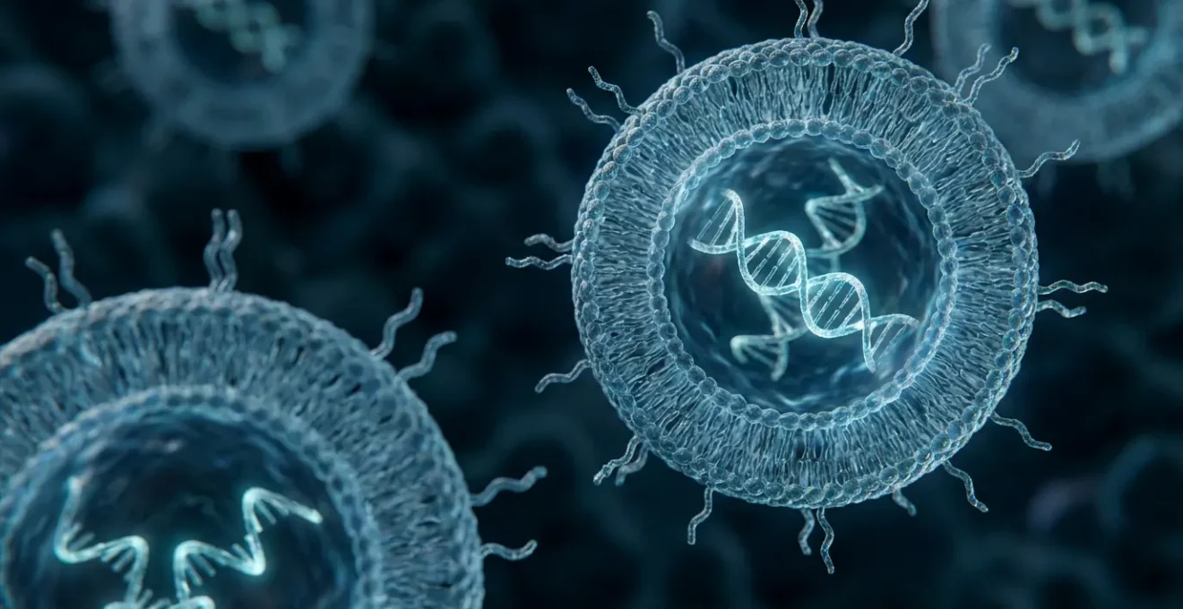 Vue microscopique de nanoparticules lipidiques encapsulant de l'ARN messager pour les vaccins