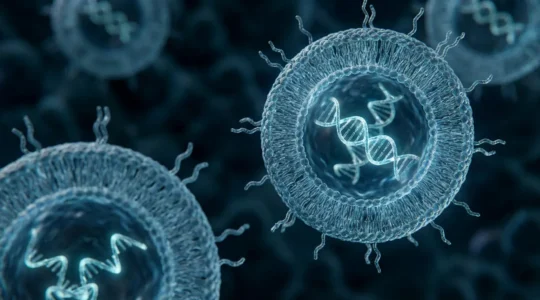 Vue microscopique de nanoparticules lipidiques encapsulant de l'ARN messager pour les vaccins