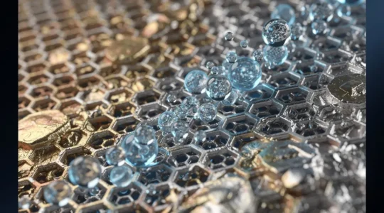 Vue microscopique de structures nanofiltrantes avec flux d'eau cristalline traversant une membrane poreuse aux reflets métalliques