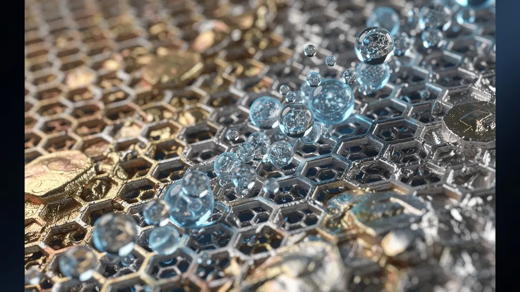 Vue microscopique de structures nanofiltrantes avec flux d'eau cristalline traversant une membrane poreuse aux reflets métalliques