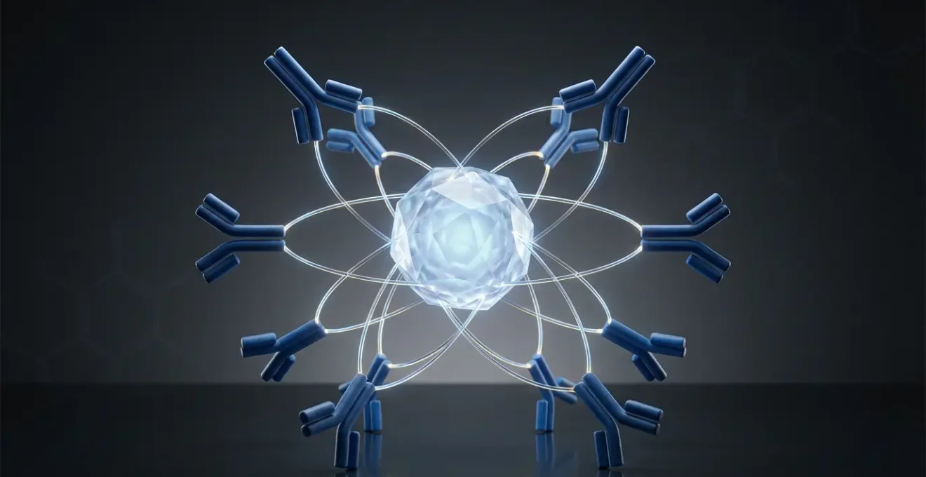Schéma tridimensionnel montrant l'attachement d'anticorps sur un quantum dot pour le ciblage tumoral