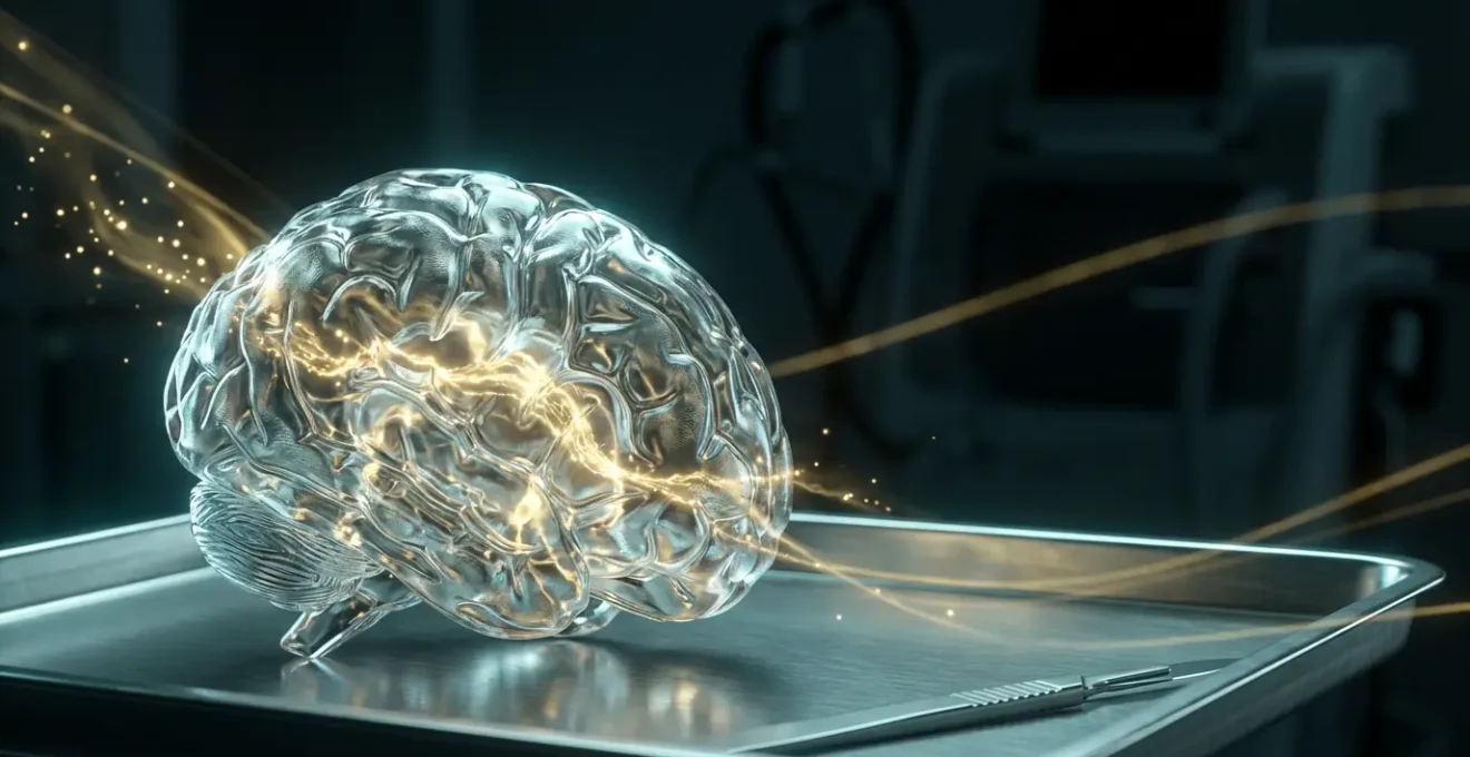 Vue en coupe d'une tumeur cérébrale illuminée par des nanoparticules fluorescentes en imagerie médicale avancée