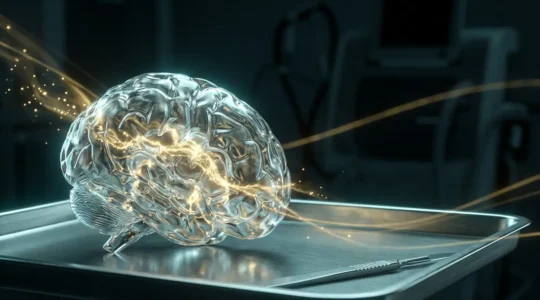 Vue en coupe d'une tumeur cérébrale illuminée par des nanoparticules fluorescentes en imagerie médicale avancée