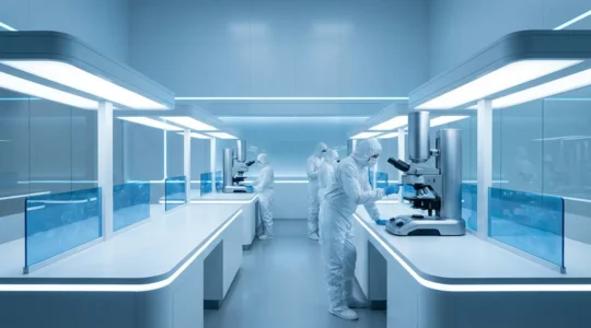 Laboratoire futuriste de nanotechnologie montrant la convergence entre l'ingénierie classique et l'échelle atomique