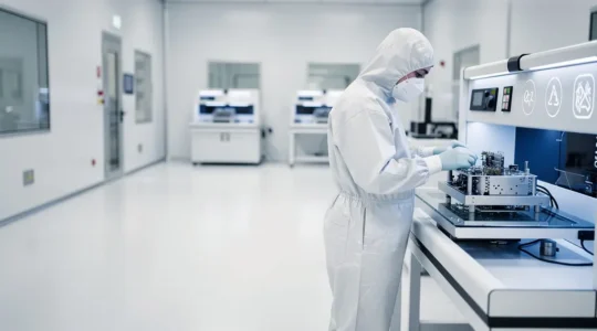 Ingénieur travaillant dans une salle blanche de nanotechnologies avec équipement de précision