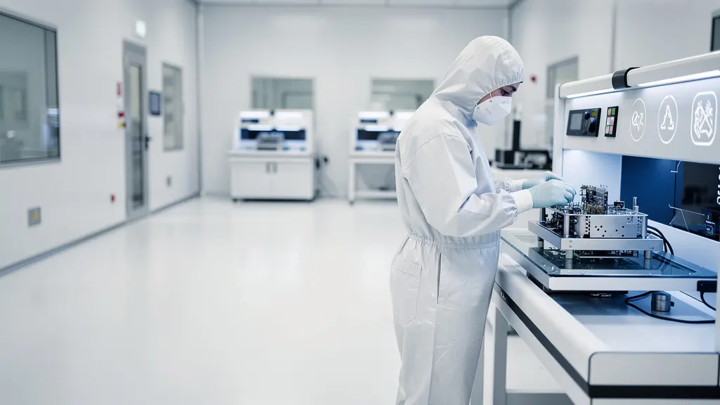 Ingénieur travaillant dans une salle blanche de nanotechnologies avec équipement de précision