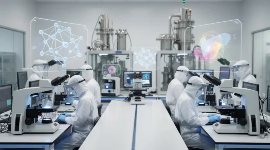 Ingénieurs travaillant sur des structures nanométriques dans un laboratoire de haute technologie