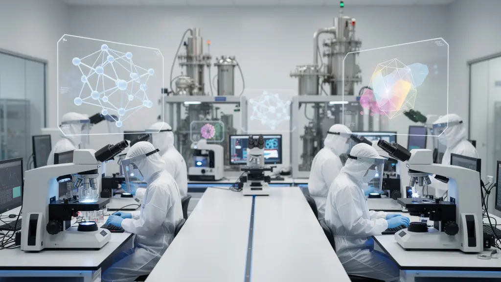 Ingénieurs travaillant sur des structures nanométriques dans un laboratoire de haute technologie