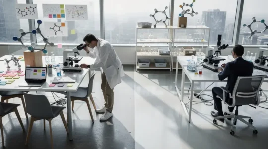 Vue en plongée d'un espace de coworking moderne avec trois professionnels travaillant sur des projets de nanotechnologie, représentant les environnements startup, PME et grand groupe