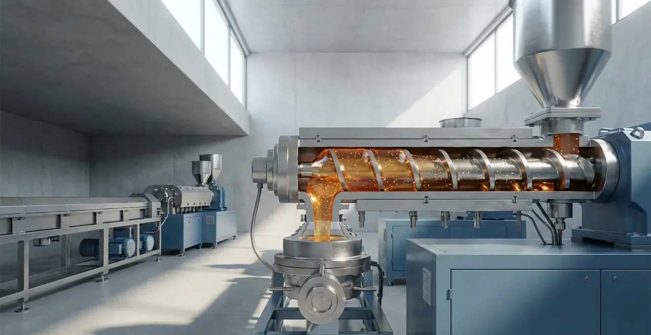 Vue d'une extrudeuse industrielle moderne avec vis visible en coupe transversale, montrant des particules brillantes en suspension dans le polymère fondu