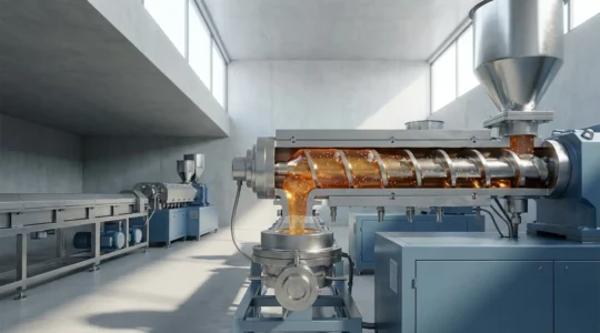 Vue d'une extrudeuse industrielle moderne avec vis visible en coupe transversale, montrant des particules brillantes en suspension dans le polymère fondu