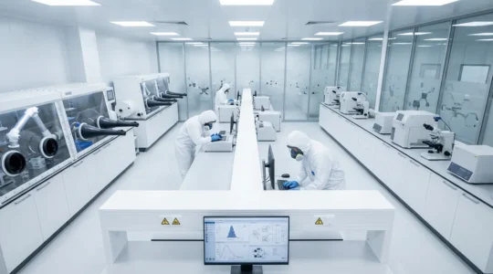 Laboratoire moderne d'analyse de nanomatériaux avec équipements de sécurité et documentation technique