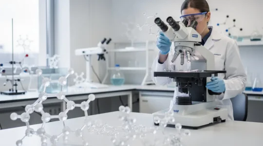 Laboratoire de chimie moderne avec manipulation de matériaux nanostructurés sous microscope électronique