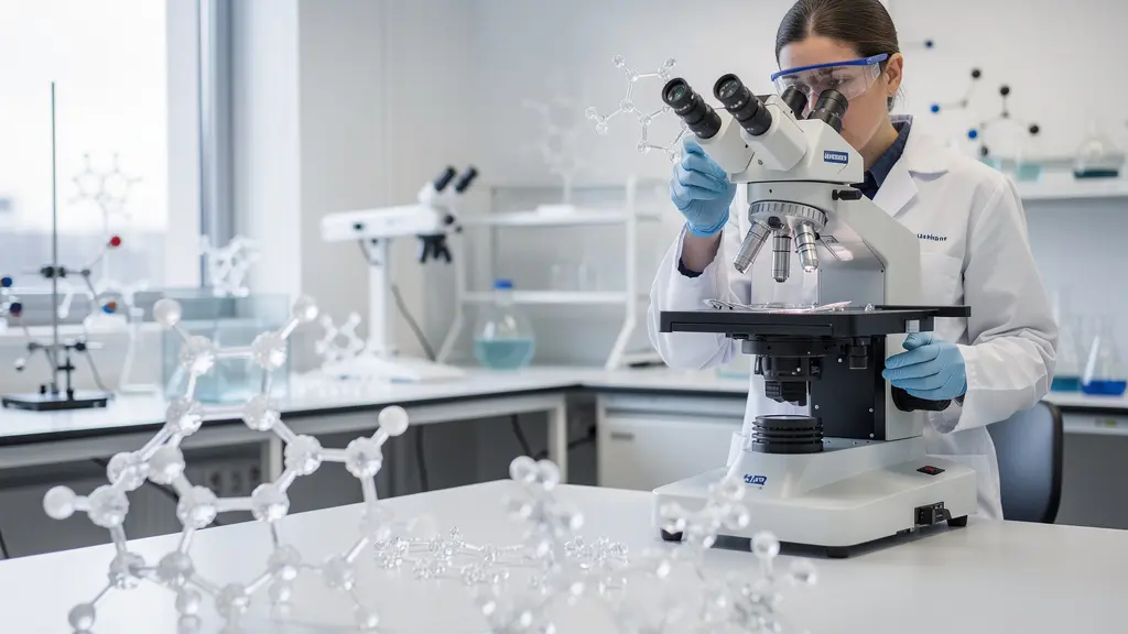 Laboratoire de chimie moderne avec manipulation de matériaux nanostructurés sous microscope électronique