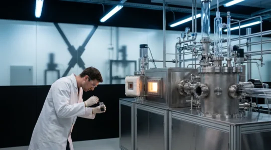 Vue d'un laboratoire moderne de recherche sur les nanotubes de carbone montrant l'écart entre recherche et production industrielle