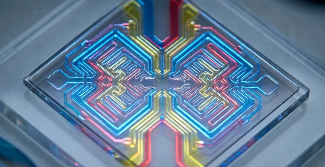 Vue macroscopique d'une puce microfluidique montrant les canaux de circulation des fluides