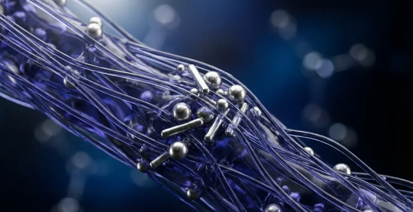 Vue microscopique de nanoparticules dispersées dans une matrice polymère montrant les interactions moléculaires