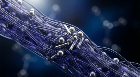 Vue microscopique de nanoparticules dispersées dans une matrice polymère montrant les interactions moléculaires