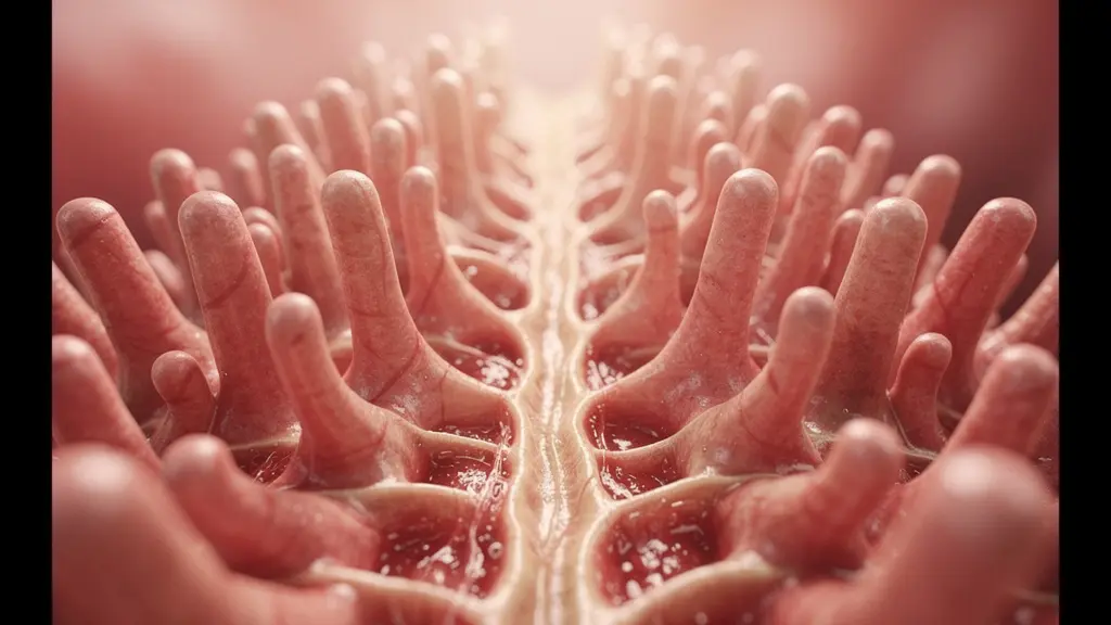 Coupe microscopique de la paroi intestinale montrant les trois voies de passage des nanoparticules